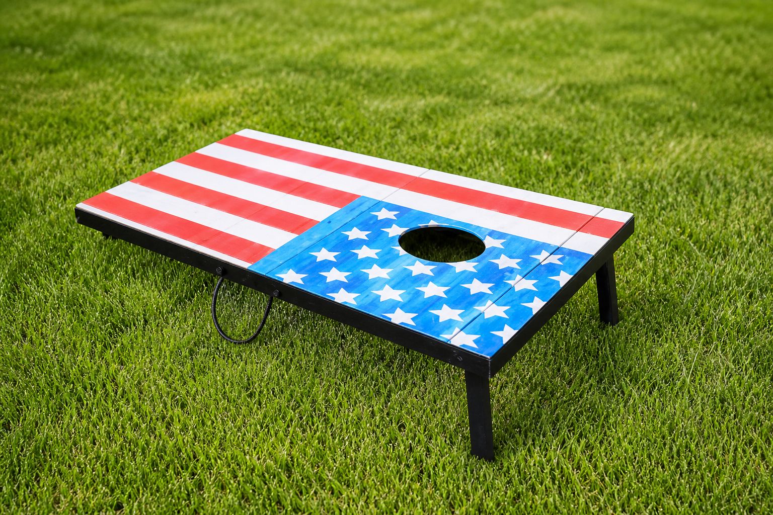 American flag themed cornhole boards on grass