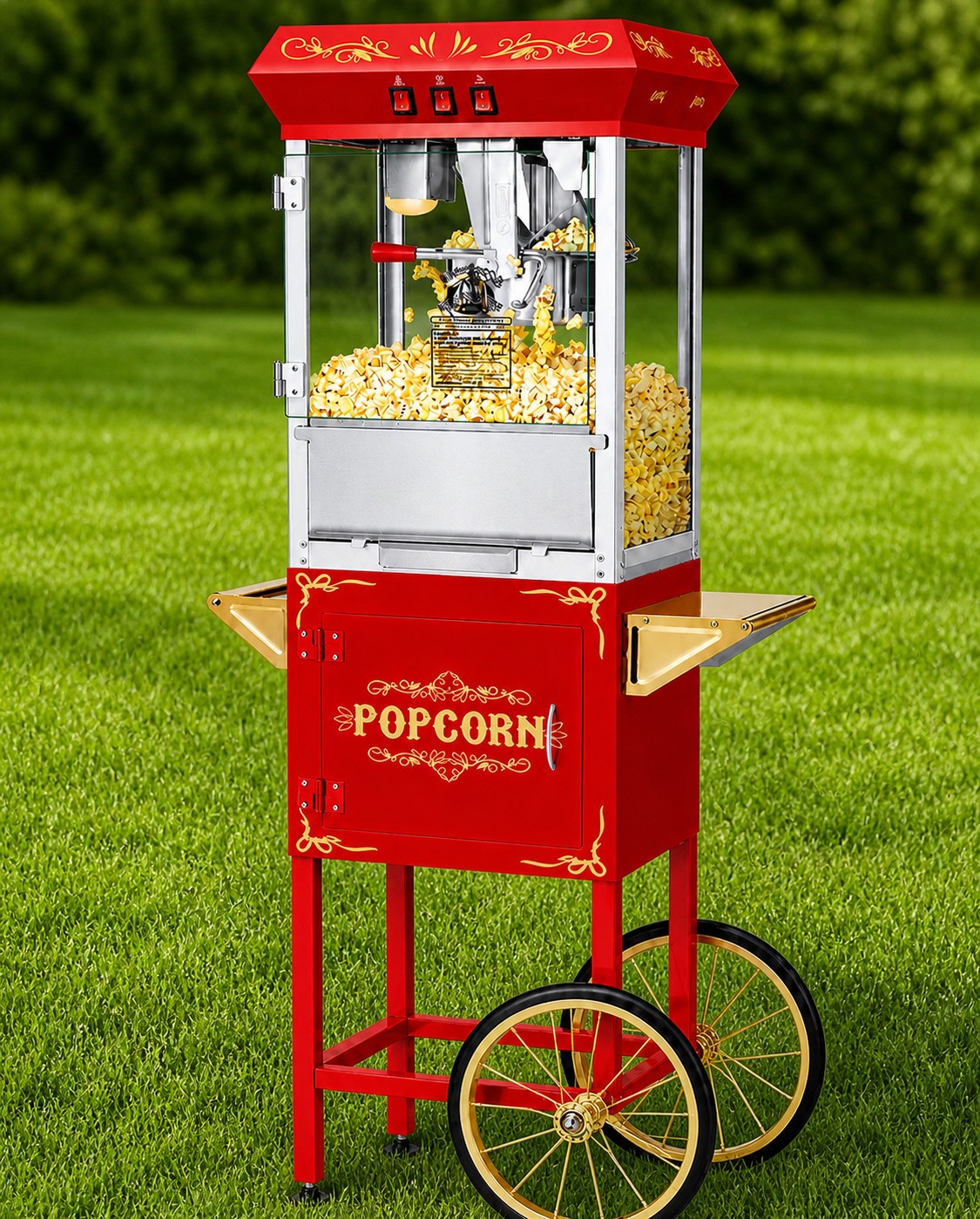 Vintage red and gold popcorn cart full of fresh popcorn