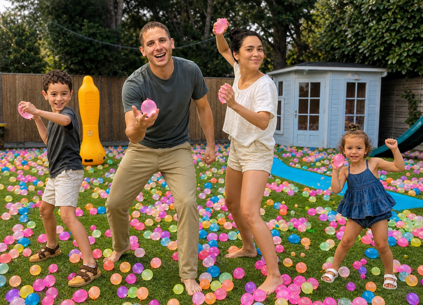 Family ready to throw water balloons in backyard covered in colorful balloons